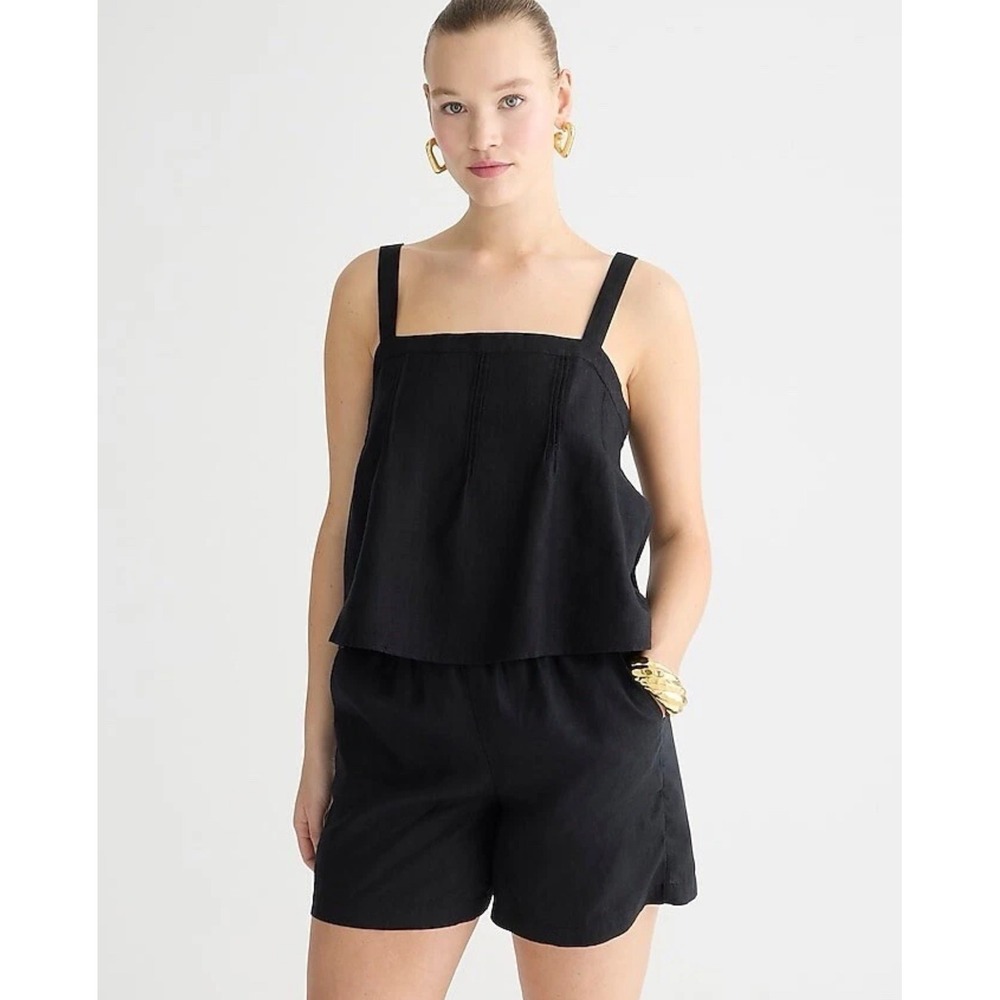 J. Crew Bow Back Linen Top Cropped Square Neck Flowy Black Large L Coastal Stapl